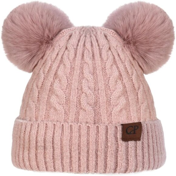 ?Women Double Pink Pom Knitted Beanie Winter Knitted Beanie Hat main image 6